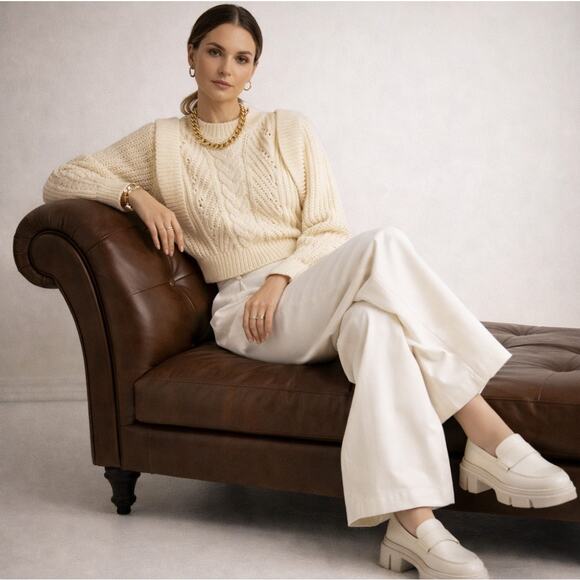 ANTHROPOLOGIE x ENGLISH FACTORY Cable Knit Cropped Sweater Ecru Sz S {ZZ28}